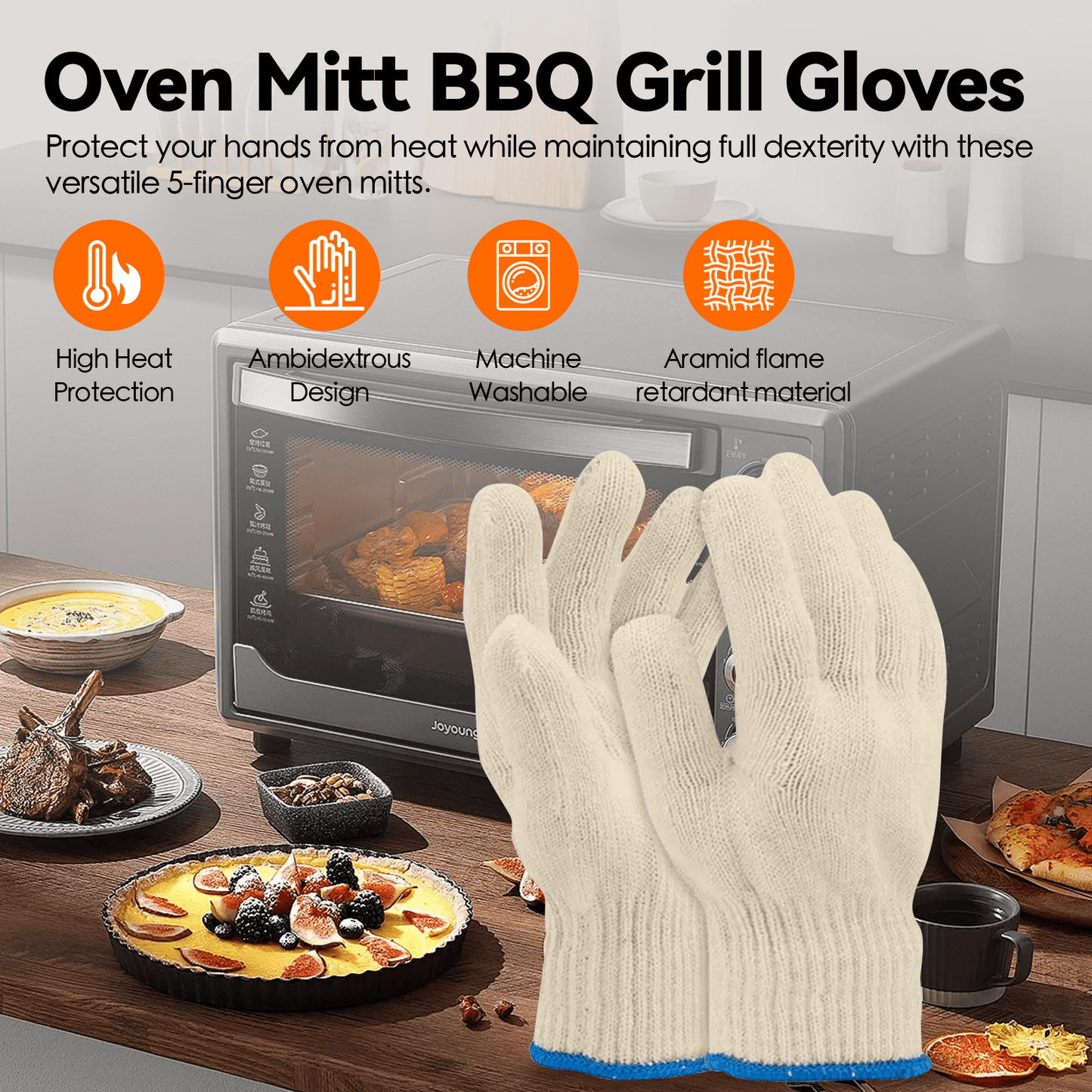 3 Pairs 5-Finger Oven Mitt BBQ Grill Gloves – Heat-Resistant, Non-Slip, Machine-Washable