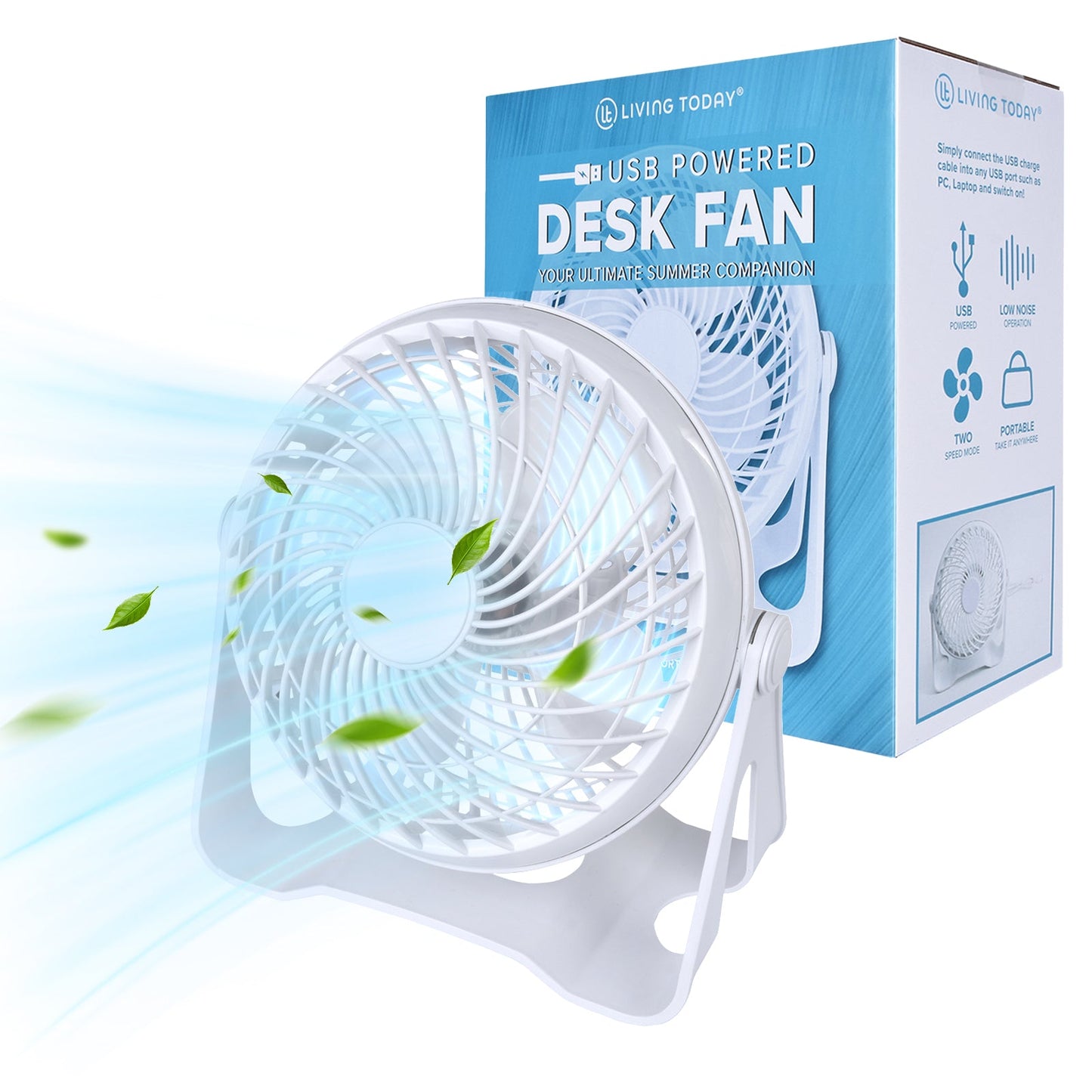 USB Powered Desk Fan – Portable 2-Speed Adjustable Angle Cooling Fan (White)