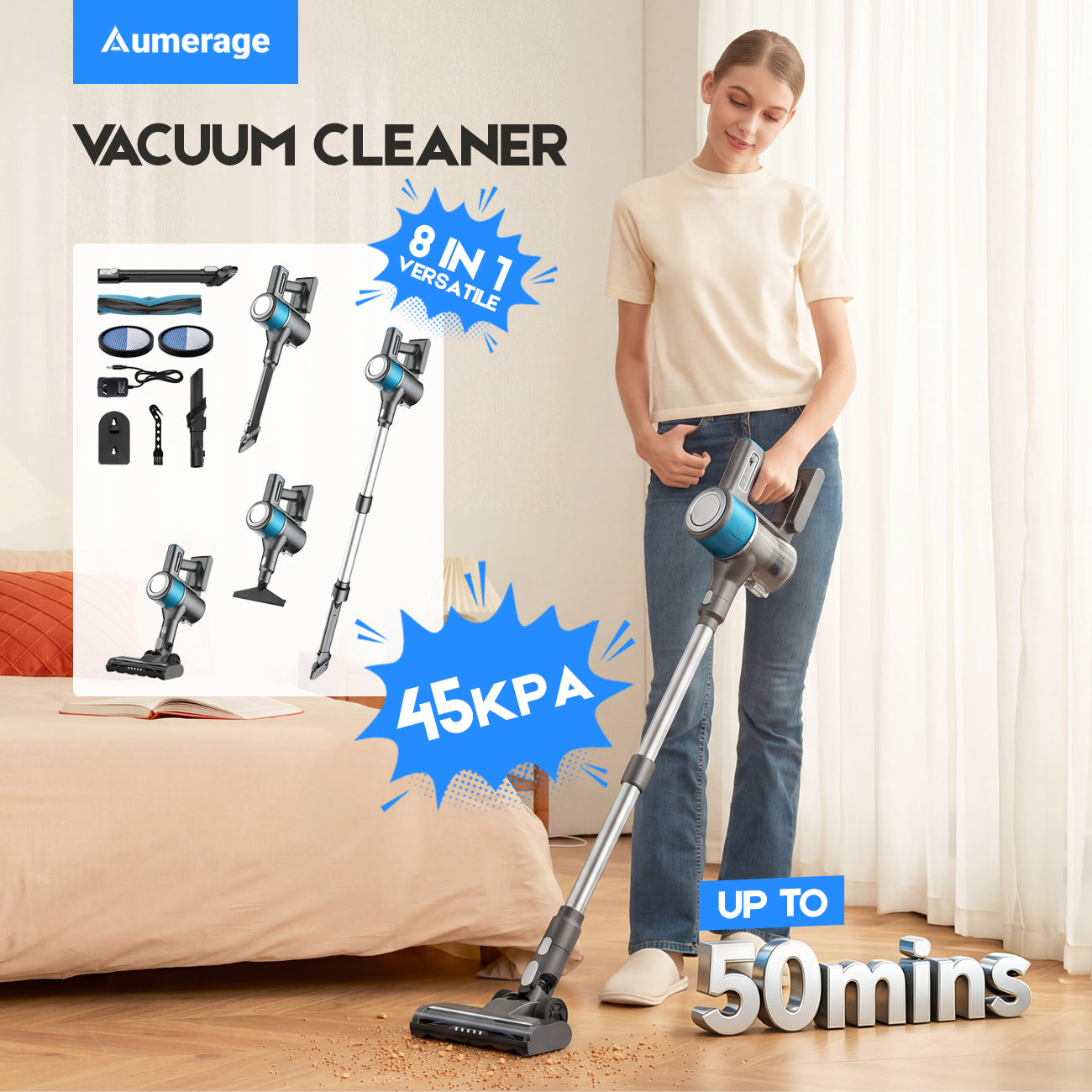 Cordless Vacuum Cleaner, 8in 1 Powerful Stick Vacuum, with Anti-Tangle Brush and LED Light, Lightweight Vacuums for Hardwood Floor, Carpet, Pet Hair