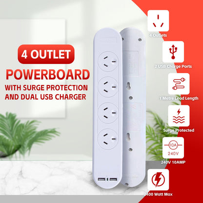 4 Outlet Powerboard With Surge Protection and Dual USB Charger
