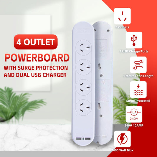 4 Outlet Powerboard With Surge Protection and Dual USB Charger