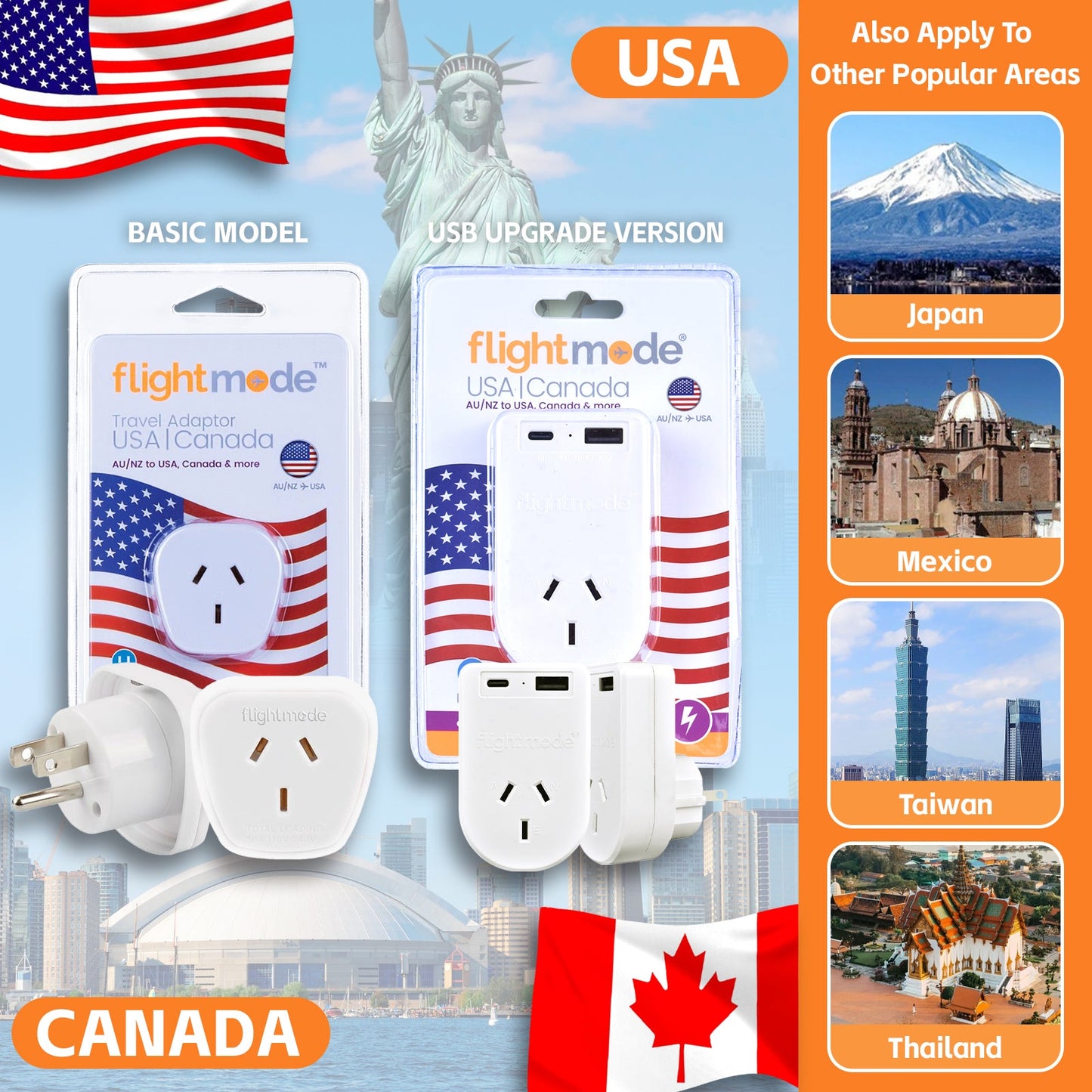 Flightmode Outbound AU/NZ to USA/CANADA Travel Adaptor with USB Type C & A