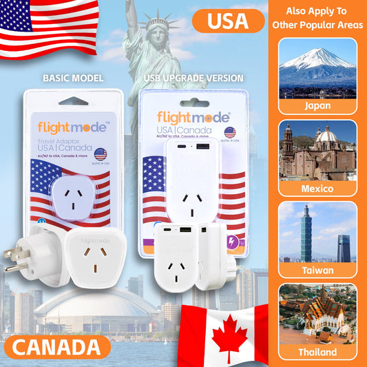 Flightmode Outbound AU/NZ to USA/CANADA Travel Adaptor with USB Type C & A