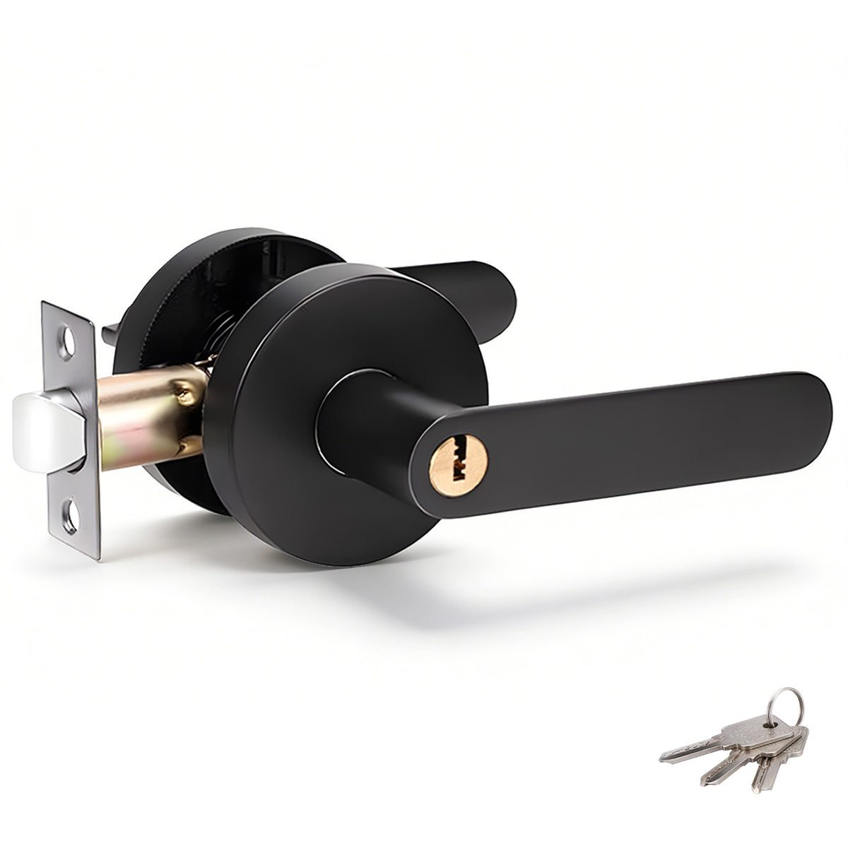 Privacy Door Lever Handle with Key, Heavy Duty Interior Door Lock, Round Design, 1 Pack, Matte Black