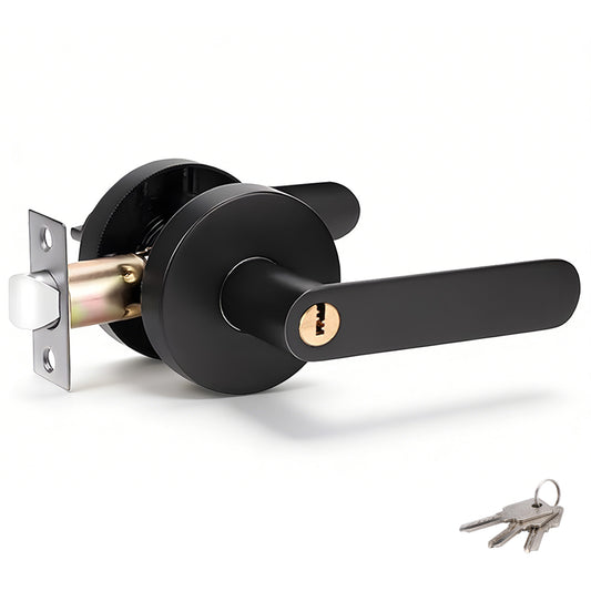 Privacy Door Lever Handle with Key, Heavy Duty Interior Door Lock, Round Design, 1 Pack, Matte Black