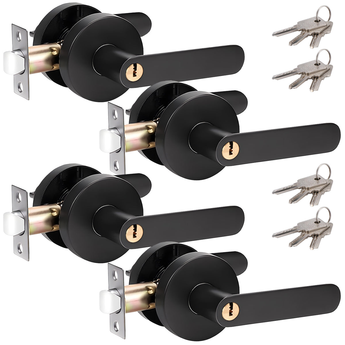Privacy Door Lever Handle with Key, Heavy Duty Interior Door Lock, Round Design, 4 Pack, Matte Black