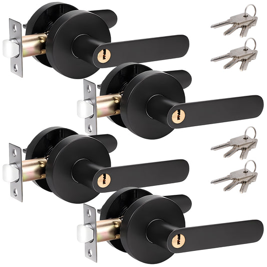 Privacy Door Lever Handle with Key, Heavy Duty Interior Door Lock, Round Design, 4 Pack, Matte Black