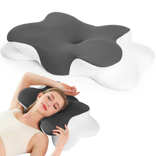 Cervical Memory Foam Pillow, Ergonomic Contour Neck Support, 2-in-1 Dual Height Design, Grey