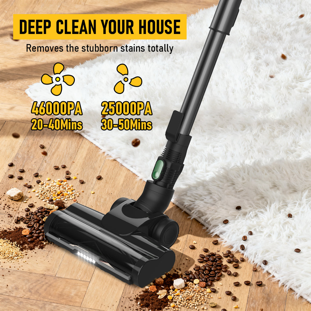 Cordless Stick Vacuum Cleaner, 350W Powerful Suction, LED Floor Head, 40-Min Runtime