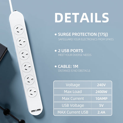 6 Outlet Powerboard With Surge Protection and Dual USB Charger 1M Lead Cable