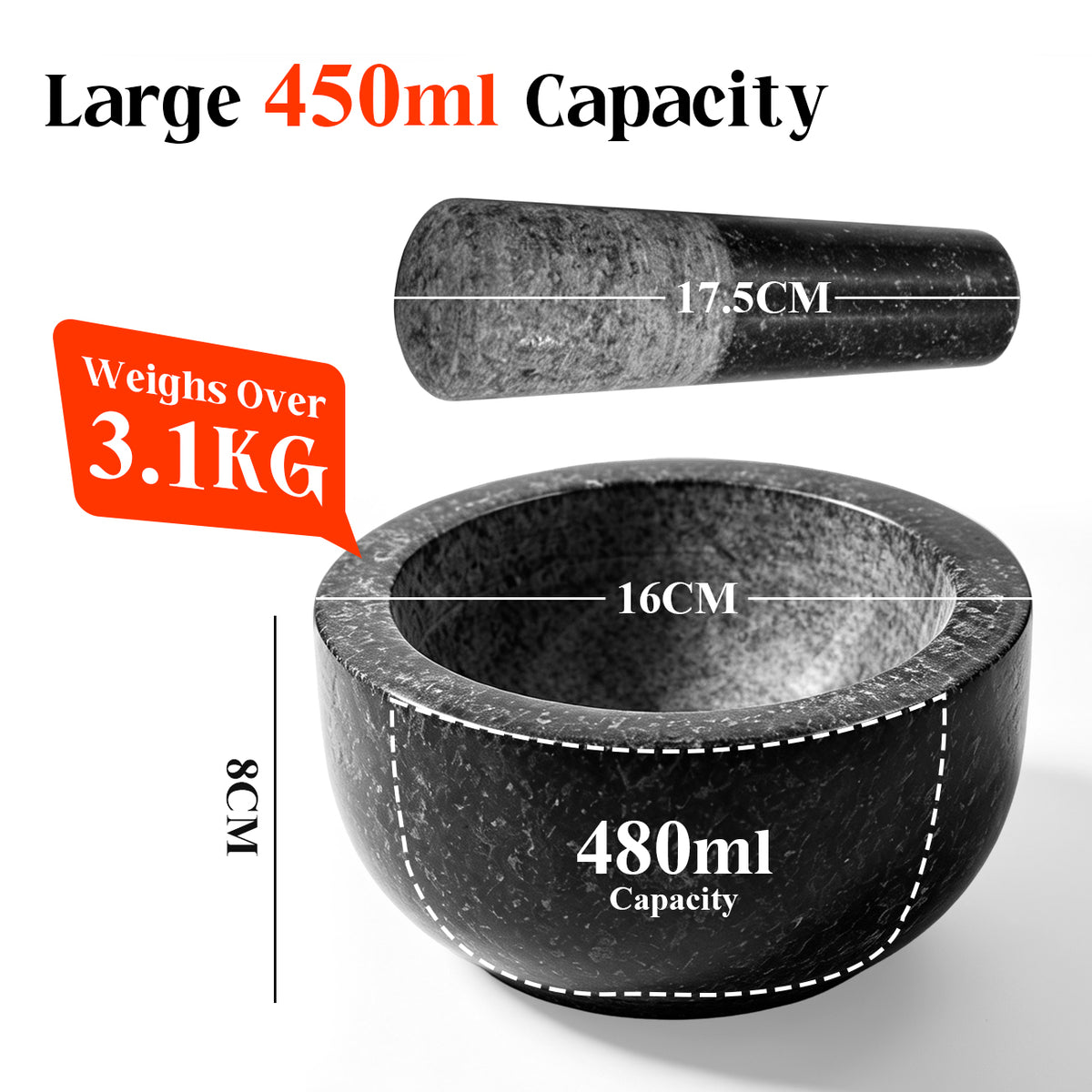 Granite Mortar and Pestle Set, 450ml Stone Grinder Bowl with Pestle, Black