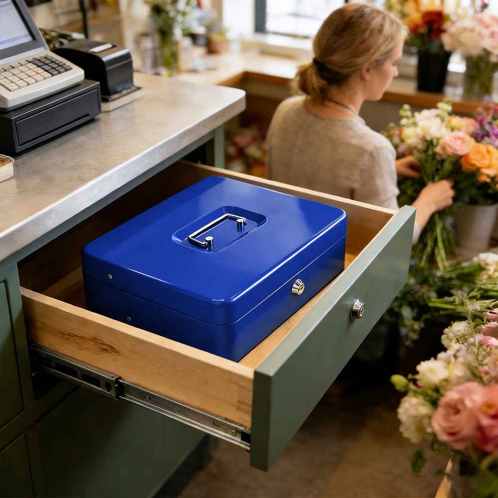 Metal Cash Box with Security Lock & 2 Keys - 4 Bill/5 Coin Tray Storage, Large Lockable Money Box for Small Business/Home