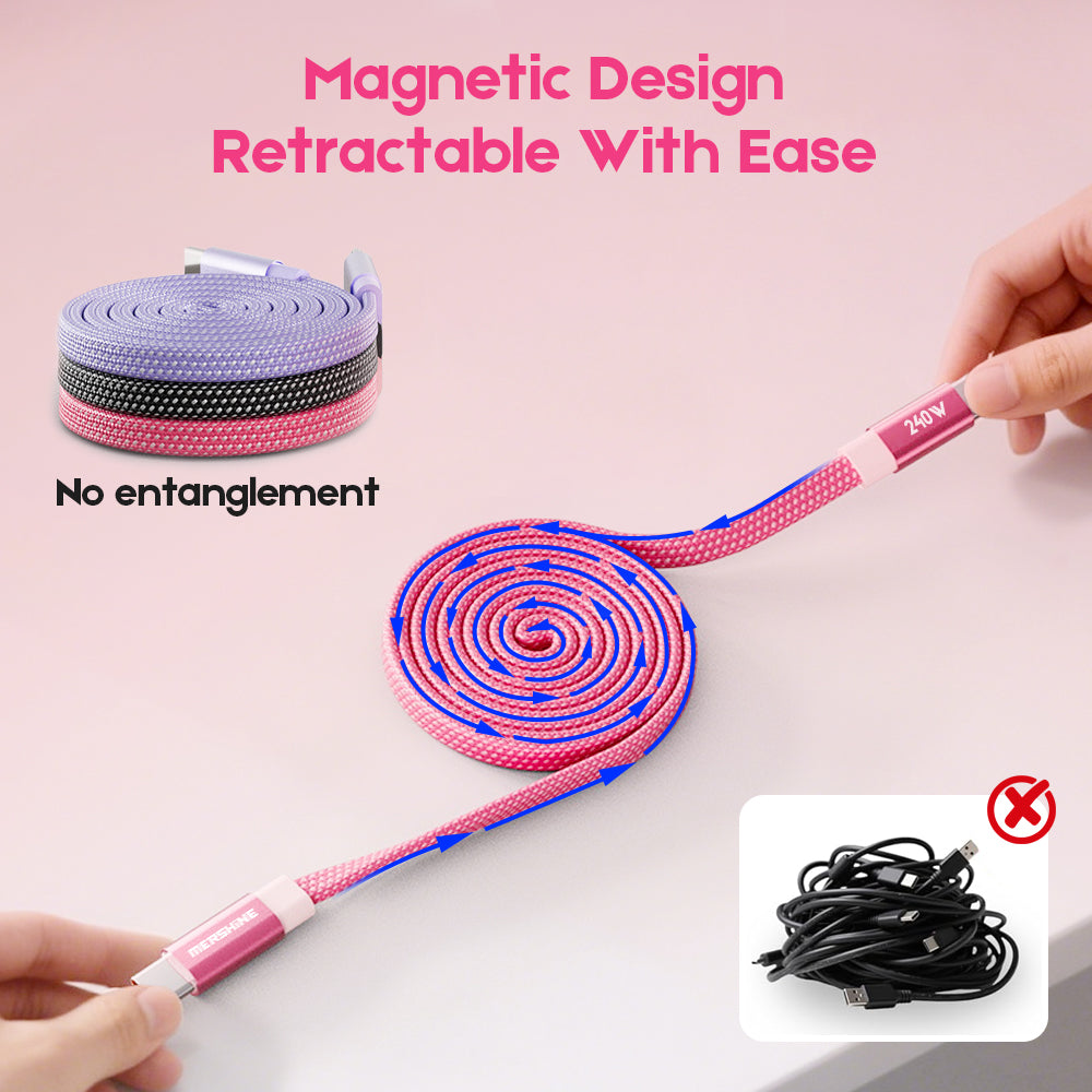Mershine 240W Magnetic Coiled USB-C to C Charging Cable, Braided Retractable 1M Cord, 480Mbps Data Sync, Tangle-Free, Supports CarPlay & Android Auto, Durable Compatibility for iPhone 15/16/17/18, iPad, Android & Laptops with E-Marker Chip