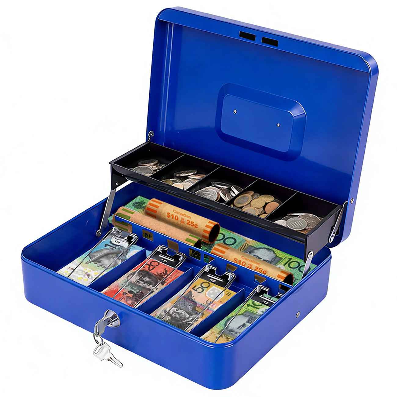Metal Cash Box with Security Lock & 2 Keys - 4 Bill/5 Coin Tray Storage, Large Lockable Money Box for Small Business/Home