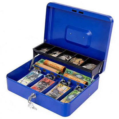 Metal Cash Box with Security Lock & 2 Keys - 4 Bill/5 Coin Tray Storage, Large Lockable Money Box for Small Business/Home