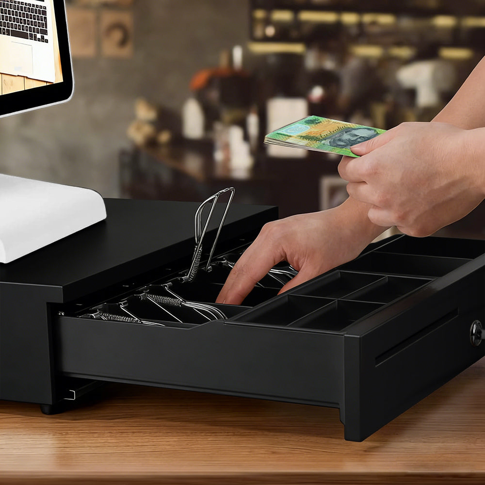 Heavy-Duty All-Metal Cash Drawer | 6 Coin Trays & 5 Note Trays | RJ-12 Interface | For Retail, Restaurant, Bar & Café | Black