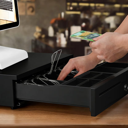 Heavy-Duty All-Metal Cash Drawer | 6 Coin Trays & 5 Note Trays | RJ-12 Interface | For Retail, Restaurant, Bar & Café | Black