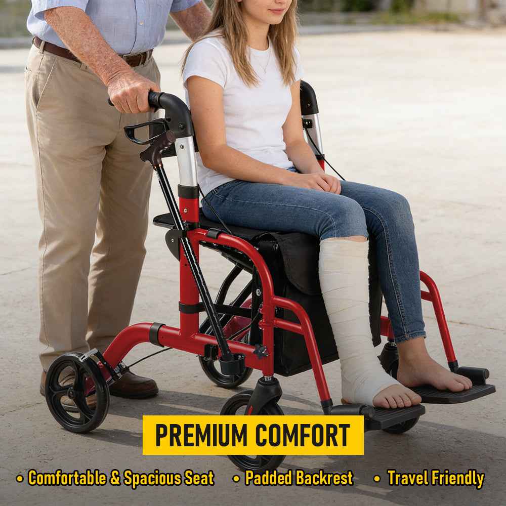 2-in-1 Rollator Walker & Transport Chair for Seniors, Foldable Lightweight Aluminum Mobility Walker with Footrests, Adjustable Handles, 8" All-Terrain Wheels, Removable Storage Bag, Supports Up to 300 lbs (136 kg)
