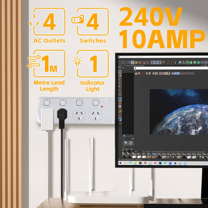 4 Outlet Power Board With Surge Protection with Individual Switches 1M Lead Cable