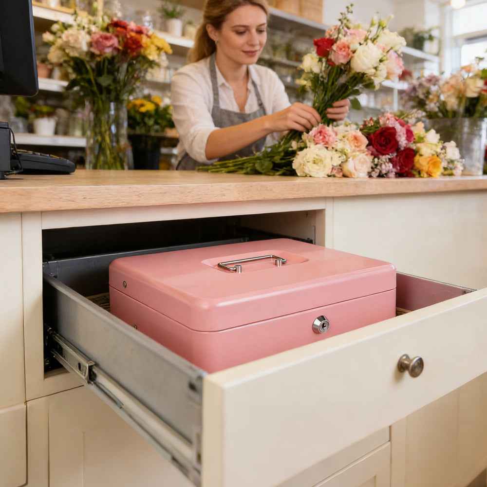 Metal Cash Box with Security Lock & 2 Keys - 4 Bill/5 Coin Tray Storage, Large Lockable Money Box for Small Business/Home (Pink)