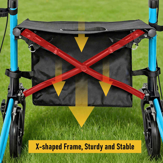 Aluminium Rollator Walker for Elderly with Seat & Reflective Strip, 4 Wheel Foldable Mobility Hight Adjustable with Storage Bag and Brakes Mobility Scooter