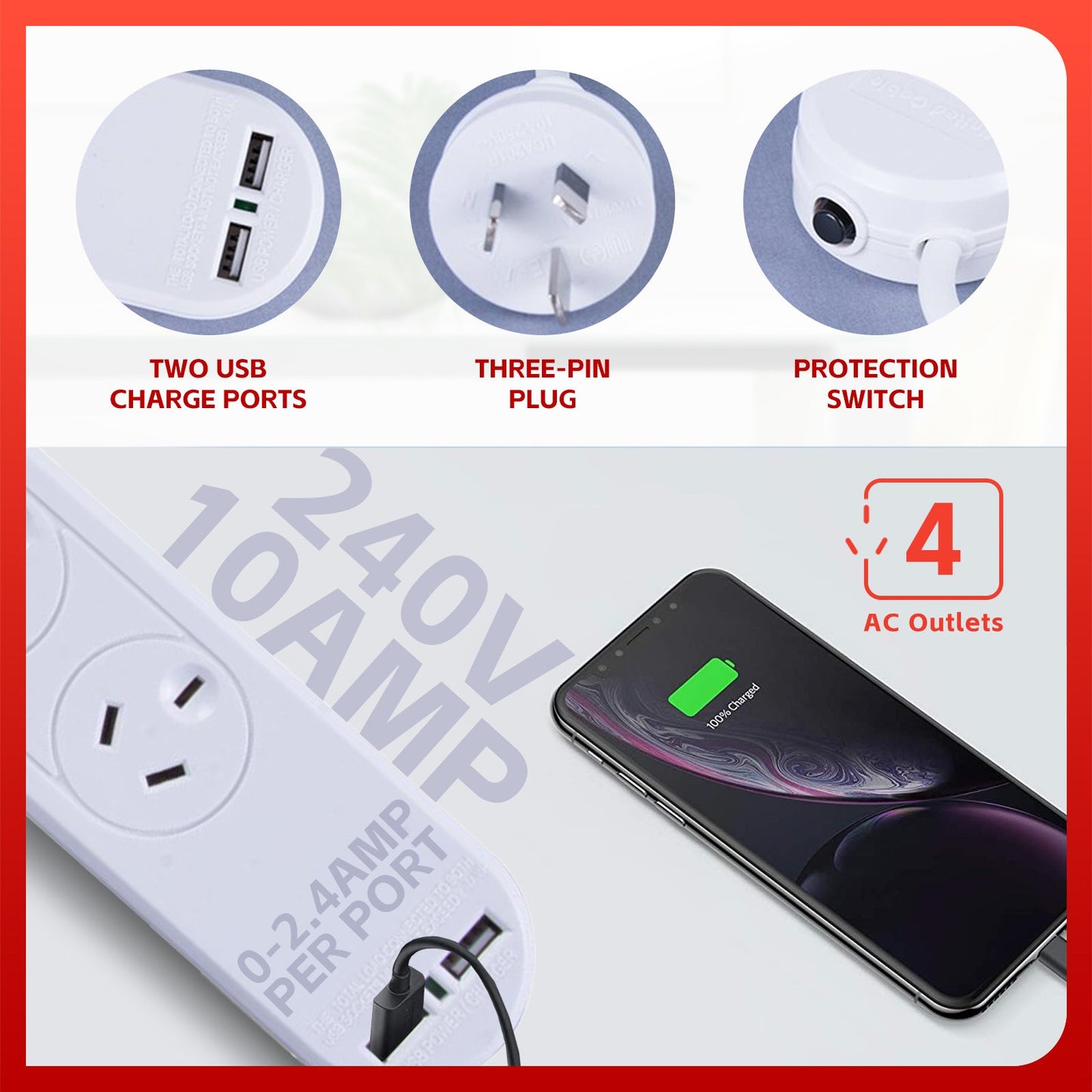 4 Outlet Powerboard With Surge Protection and Dual USB Charger