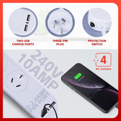 4 Outlet Powerboard With Surge Protection and Dual USB Charger