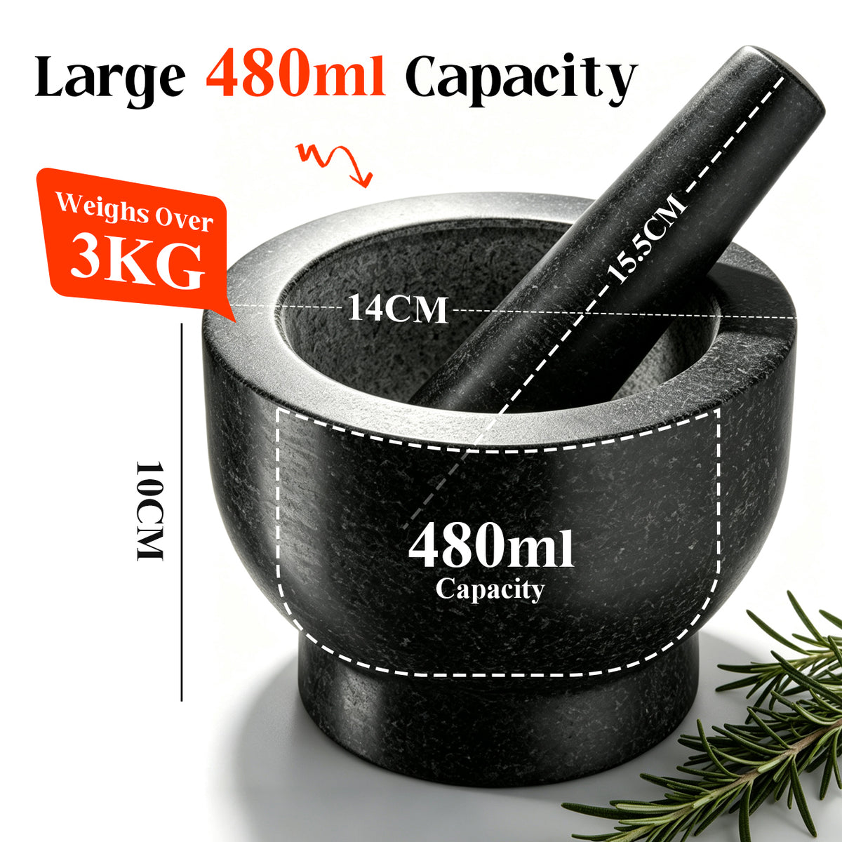 Granite Mortar and Pestle Set, 480ml Heavy Duty Stone Grinder Bowl, Dark Grey