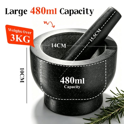 Granite Mortar and Pestle Set, 480ml Heavy Duty Stone Grinder Bowl, Dark Grey