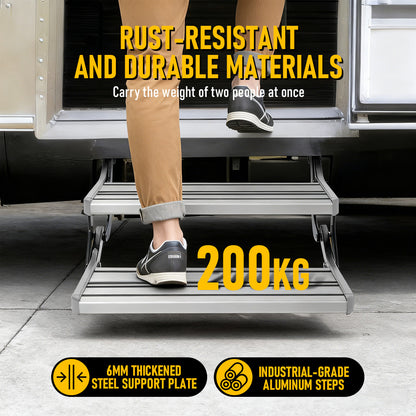 200kg Heavy Duty Double Aluminium Caravan Step, Foldable Pull-Out RV Entry Step with Anti-Slip Surface, 2-Step Ladder for Caravan, Motorhome, Camper Van & Camper Trailer