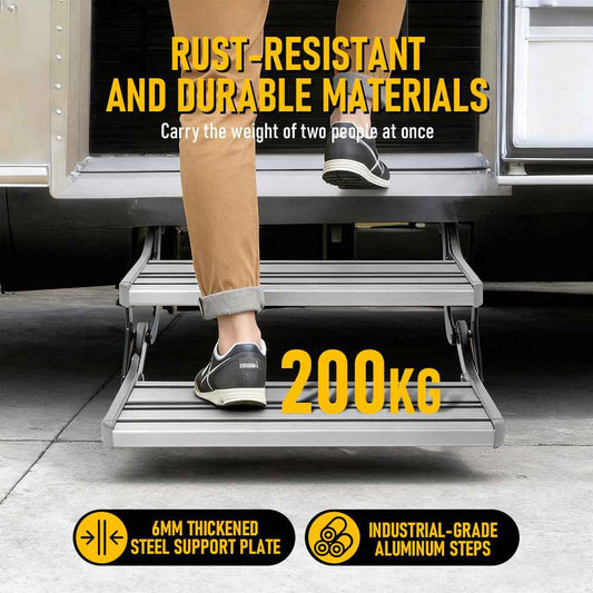 200kg Heavy Duty Double Aluminium Caravan Step, Foldable Pull-Out RV Entry Step with Anti-Slip Surface, 2-Step Ladder for Caravan, Motorhome, Camper Van & Camper Trailer
