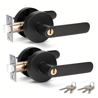 2 Pack Privacy Door Lever Handle with Key, Heavy Duty Interior Door Lock, Round Design, Matte Black