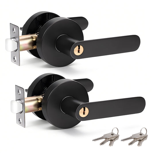 2 Pack Privacy Door Lever Handle with Key, Heavy Duty Interior Door Lock, Round Design, Matte Black