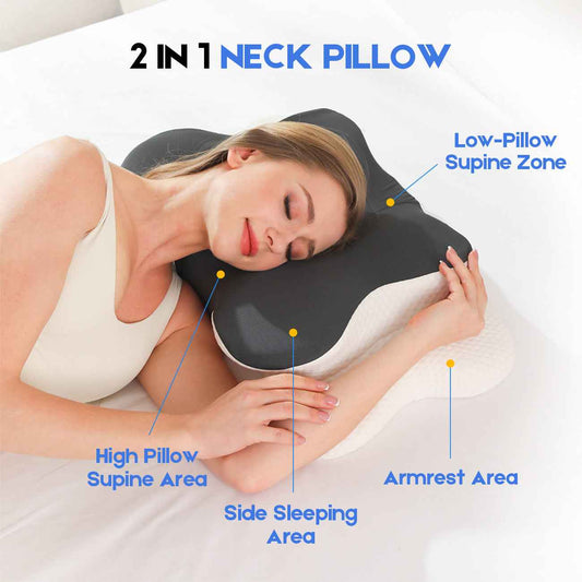 Cervical Memory Foam Pillow, Ergonomic Contour Neck Support, 2-in-1 Dual Height Design, Grey