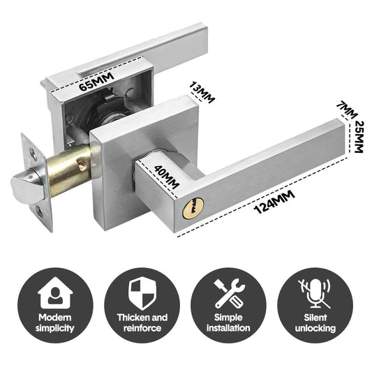 Privacy Door Lever Handle with Key, Heavy Duty Interior Door Lock, Adjustable Latch-Silver