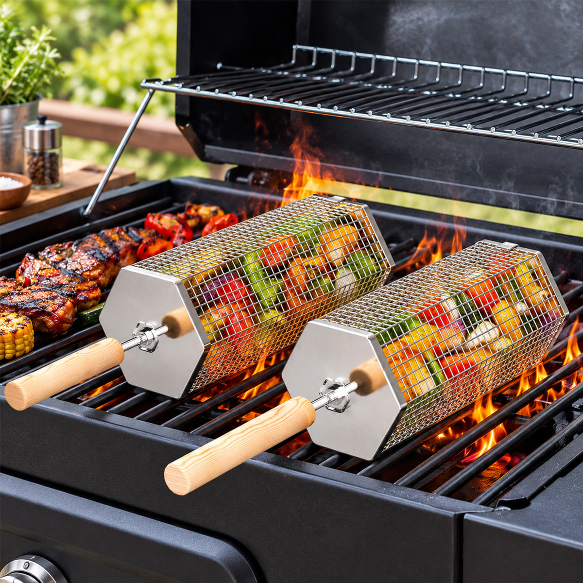 2Pcs Rolling Grill Basket with Removable Handle, 304 Stainless Steel BBQ Grilling Basket for Vegetables, Fish, Shrimp & Meat