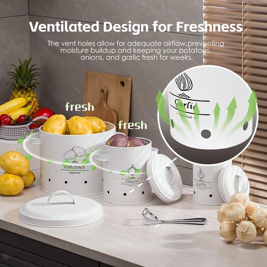 3 Pcs Galvanised Iron Fruit Vegetable Storage Tins