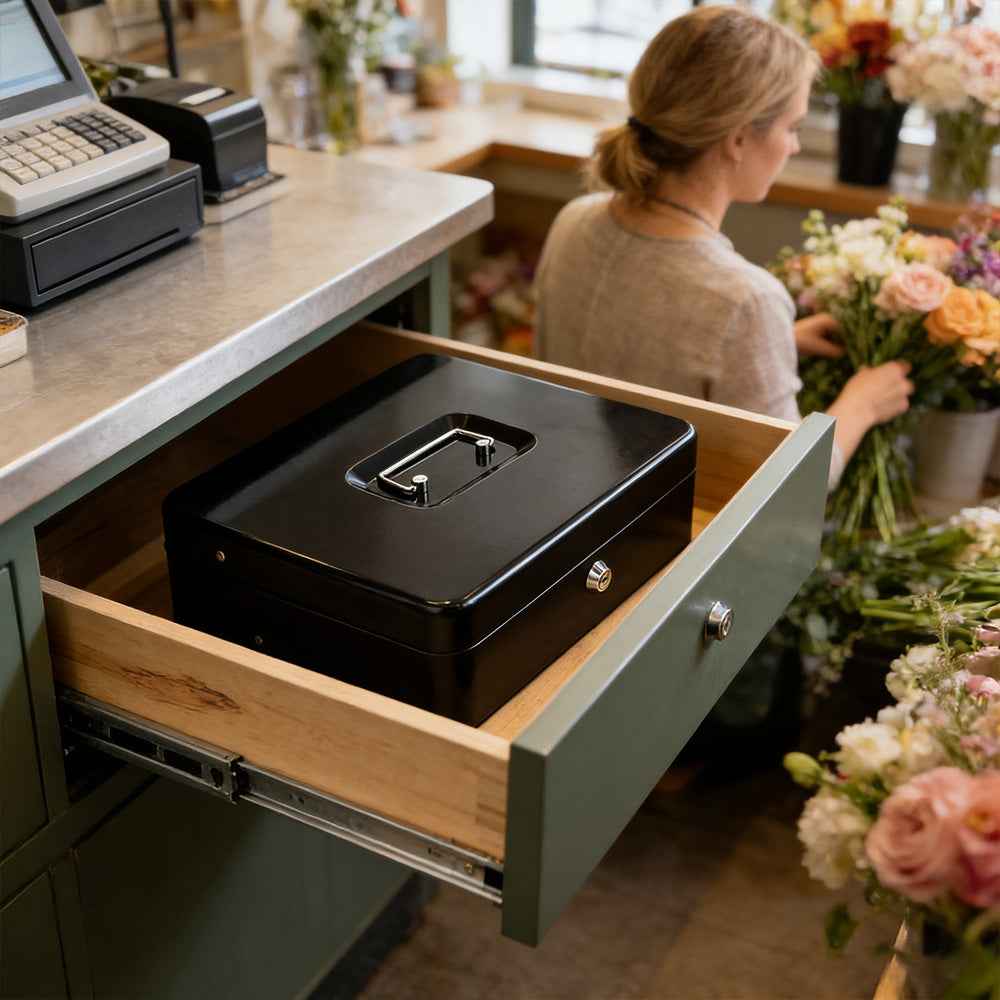 Metal Cash Box with Security Lock & 2 Keys - 4 Bill/5 Coin Tray Storage, Large Lockable Money Box for Small Business/Home