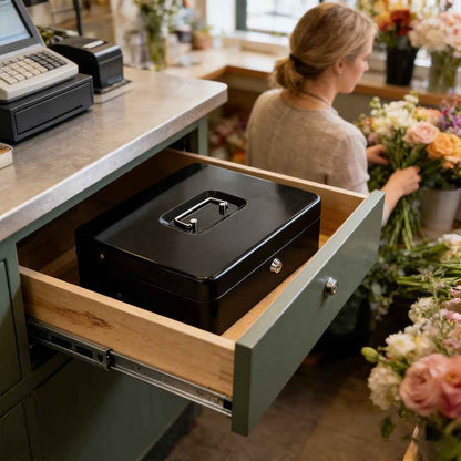 Metal Cash Box with Security Lock & 2 Keys - 4 Bill/5 Coin Tray Storage, Large Lockable Money Box for Small Business/Home