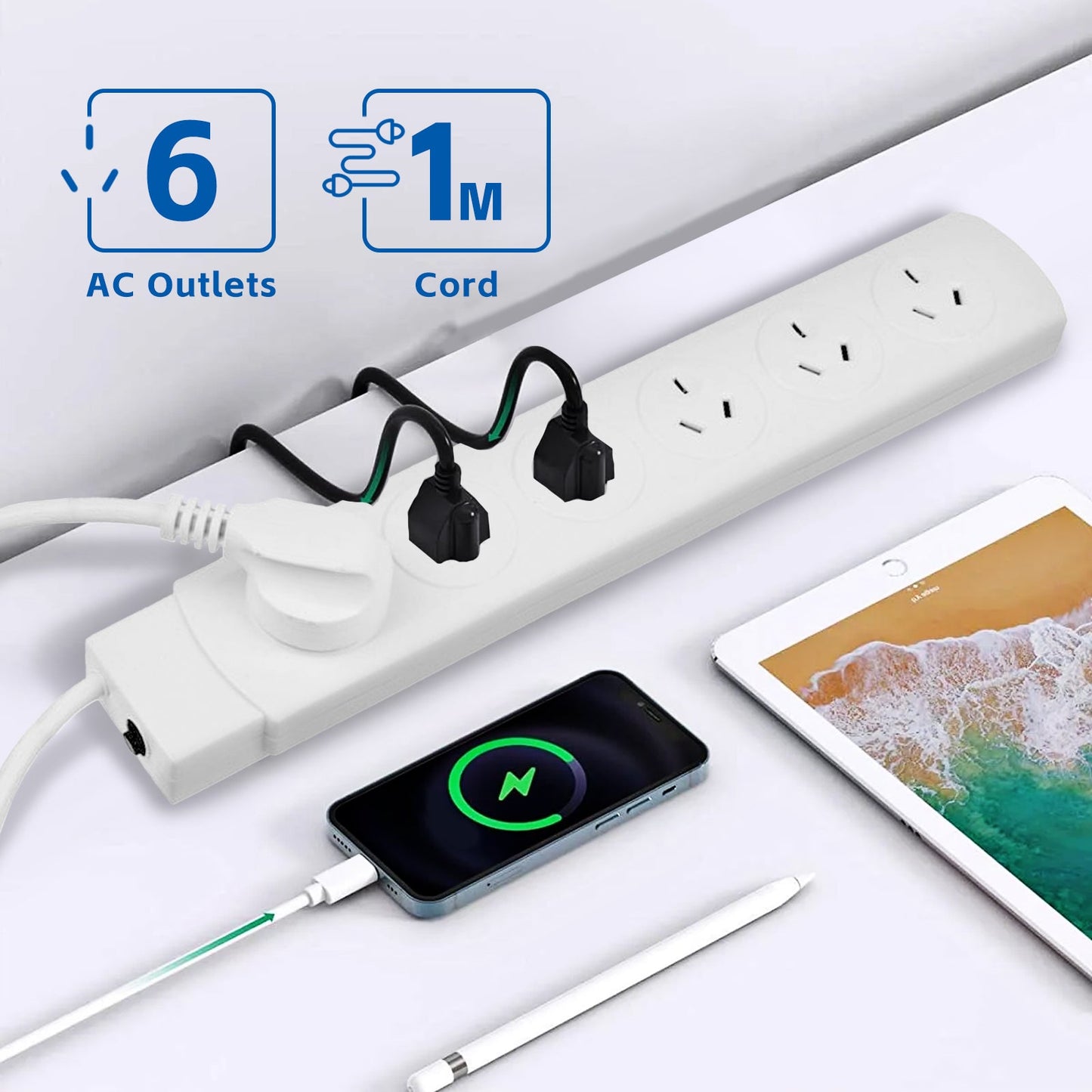 6 Outlet Power Board With Surge Protection 1M Lead Cable