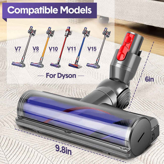 Motorhead Cleaner Head Compatible with Dyson V7 V8 V10 V11 V15 Vacuum Cleaners, 50W Hard Roller Brush Attachment for Carpets & Floors, 180° Rotation, 90° Articulation