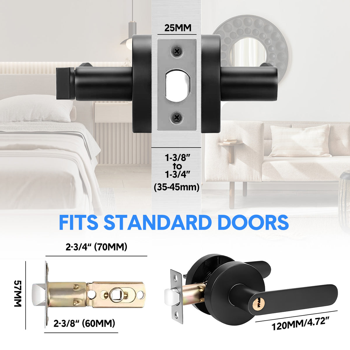 Privacy Door Lever Handle with Key, Heavy Duty Interior Door Lock, Round Design, 4 Pack, Matte Black
