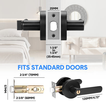 Privacy Door Lever Handle with Key, Heavy Duty Interior Door Lock, Round Design, 4 Pack, Matte Black
