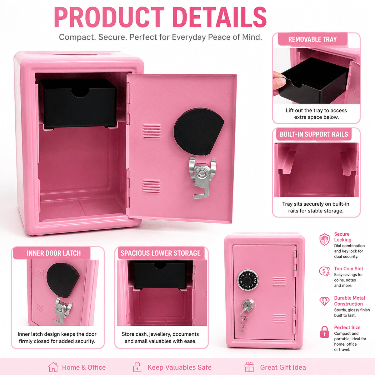Lockable Metal Money Box, Cash & Coin Storage Box with Key Lock, Compact Piggy Bank for For Kids & Adults, Office & Small Valuables