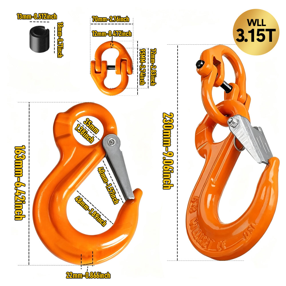 3.15T Sling Hook & Hammerlock Kit, 2 Sets Heavy Duty Trailer Safety Chain Hooks for Caravan, Camper & Boat Trailers-Orange