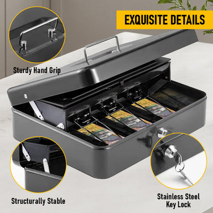 Metal Cash Box with Security Lock & 2 Keys | Coin Retainer Cover | Includes Free Alloy Security Cable | For Business, Office & Home