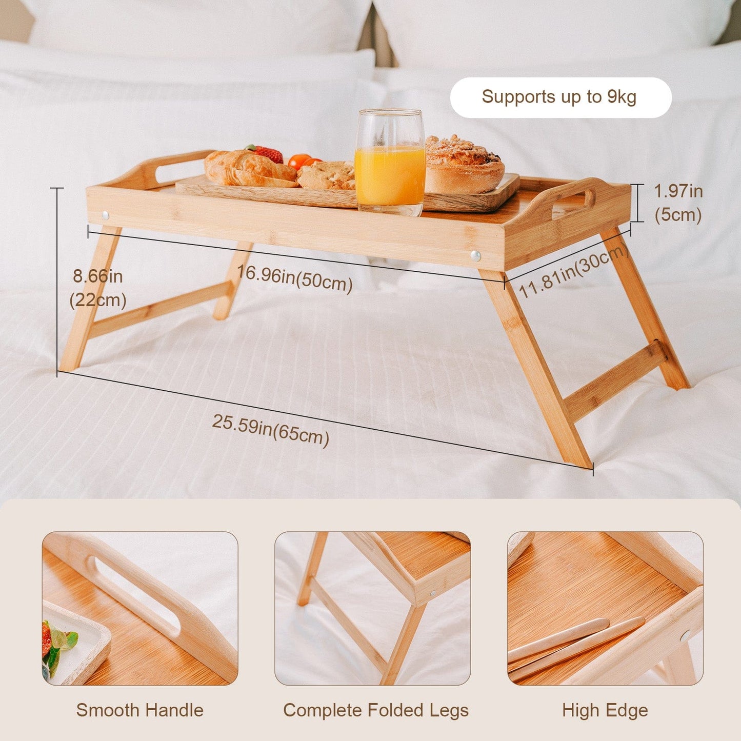 2 Pcs Foldable Bamboo Breakfast Bed Tray – Portable Lap Table with Handles