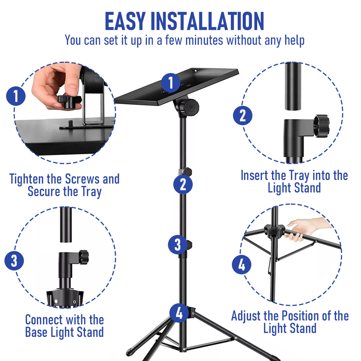 Adjustable Projector Stand with 360° Phone Holder, 57–125cm Folding Tripod Floor Stand for Laptop, Tablet & Projector