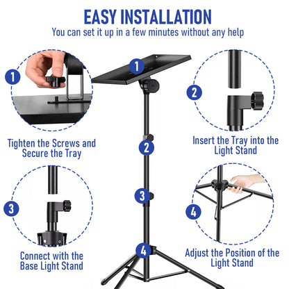 Adjustable Projector Stand with 360° Phone Holder, 57–125cm Folding Tripod Floor Stand for Laptop, Tablet & Projector