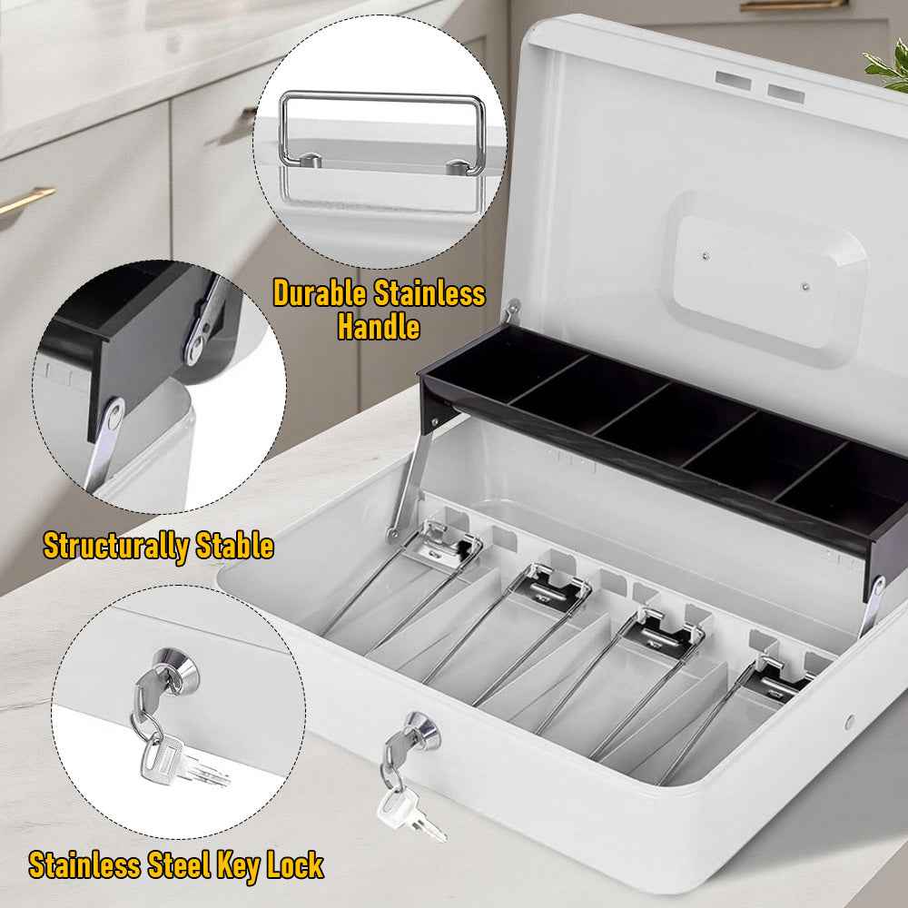 Metal Cash Box with Security Lock & 2 Keys - 4 Bill/5 Coin Tray Storage, Large Lockable Money Box for Small Business/Home